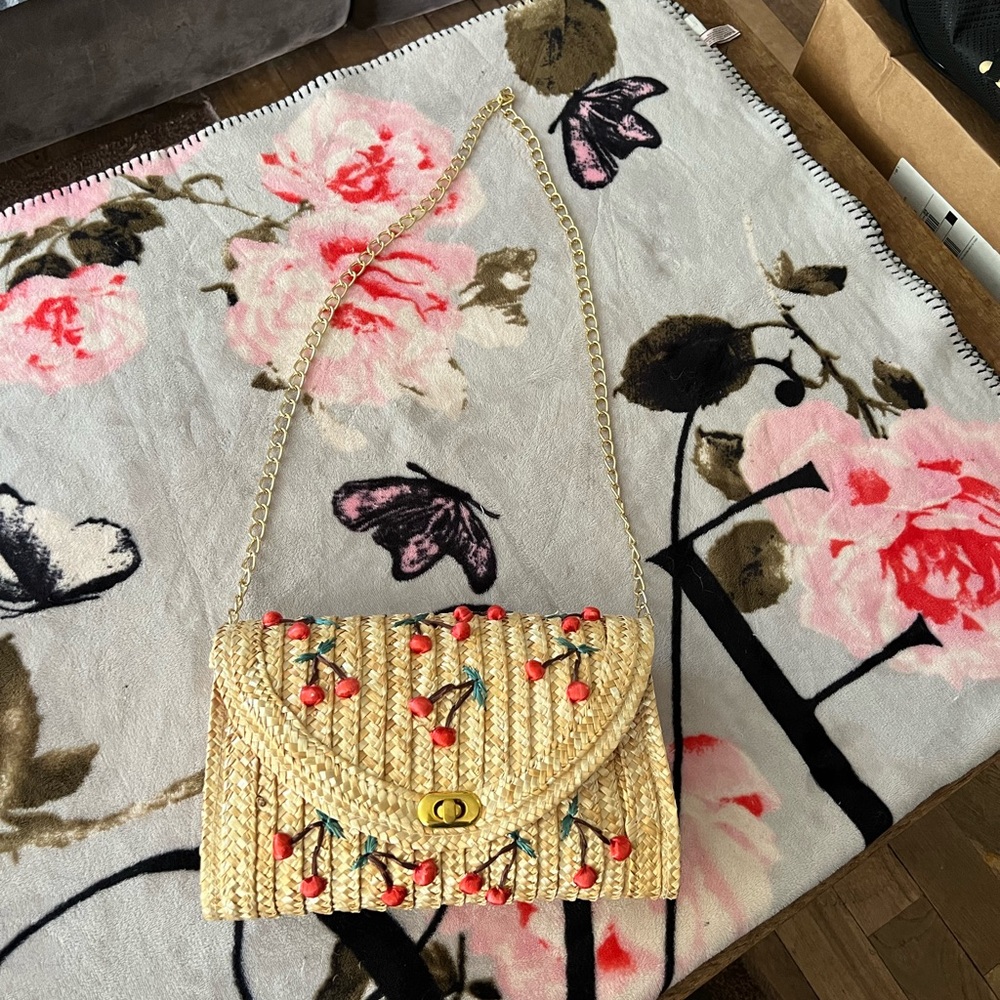 Charming Straw Shoulder Bag with Cherry Embroidery
